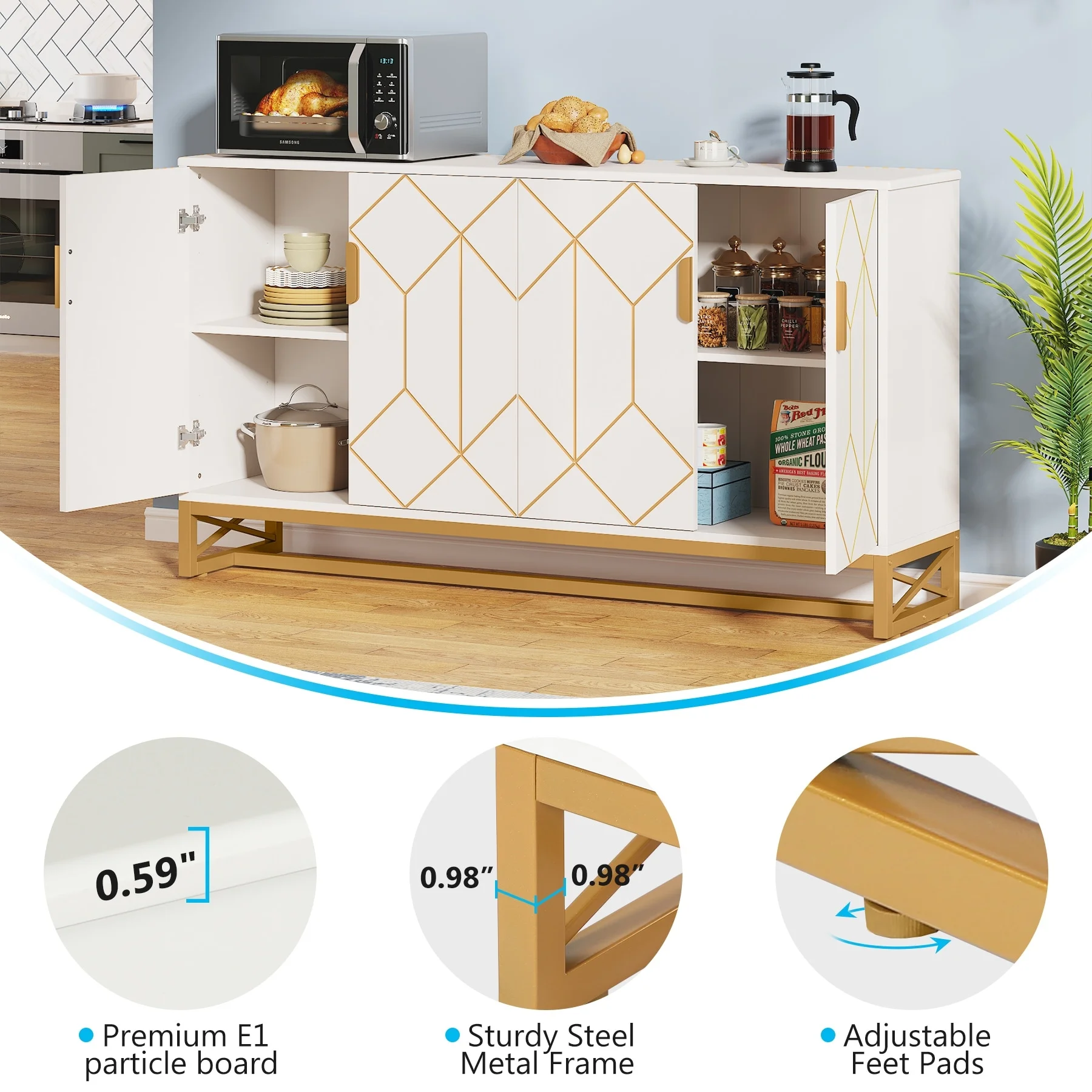 White Gold Buffet Cabinet with Storage Kitchen Sideboard Storage