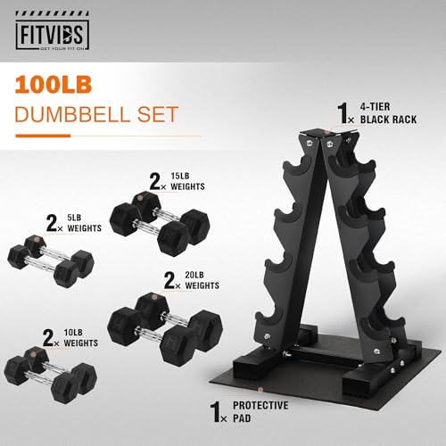 Dumbbell Set with Rack, Rubber Coated Hex Dumbbell Weights in 100lbs, 5, 10, 15, 20lbs Pair