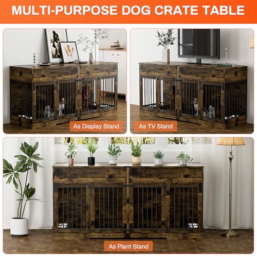 Rophefx 72" Dog Crate Furniture for 2 Dogs, Large Double Dog Kennel Indoor Furniture with 2 Storage Drawers and Removable Divider