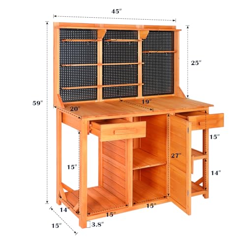 Outdoor Garden Potting Bench, Horticultural Wooden Workstation Table with Storage Drawer, Cabinet, Metal Pegboard