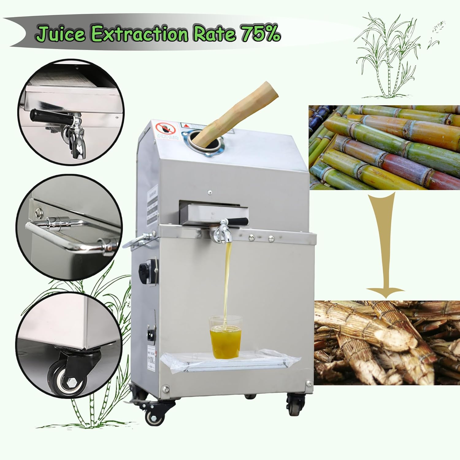 Commercial Sugar Cane Press Juicer Machine with Cleaning Port 304 Stainless Steel Rollers Three Rollers Sugarcane Juice Extractor for Commercial Home
