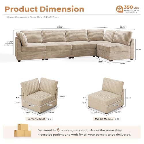 ovios 130.7" Modular Sectional Sofa Couch, U-Shaped Cloud Couches with 2 Ottomans Chaise