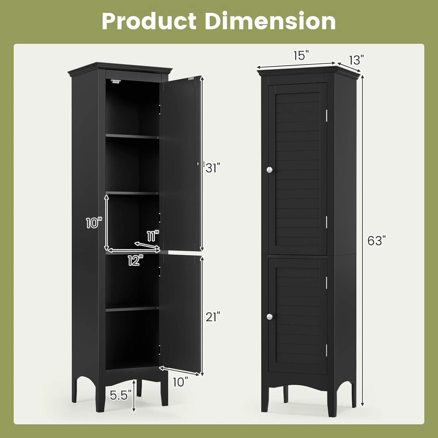 Bathroom Tall Storage Cabinet - Narrow Freestanding Floor Cabinet with Doors, 5 Tier Shelves(1 Height Adjustable)
