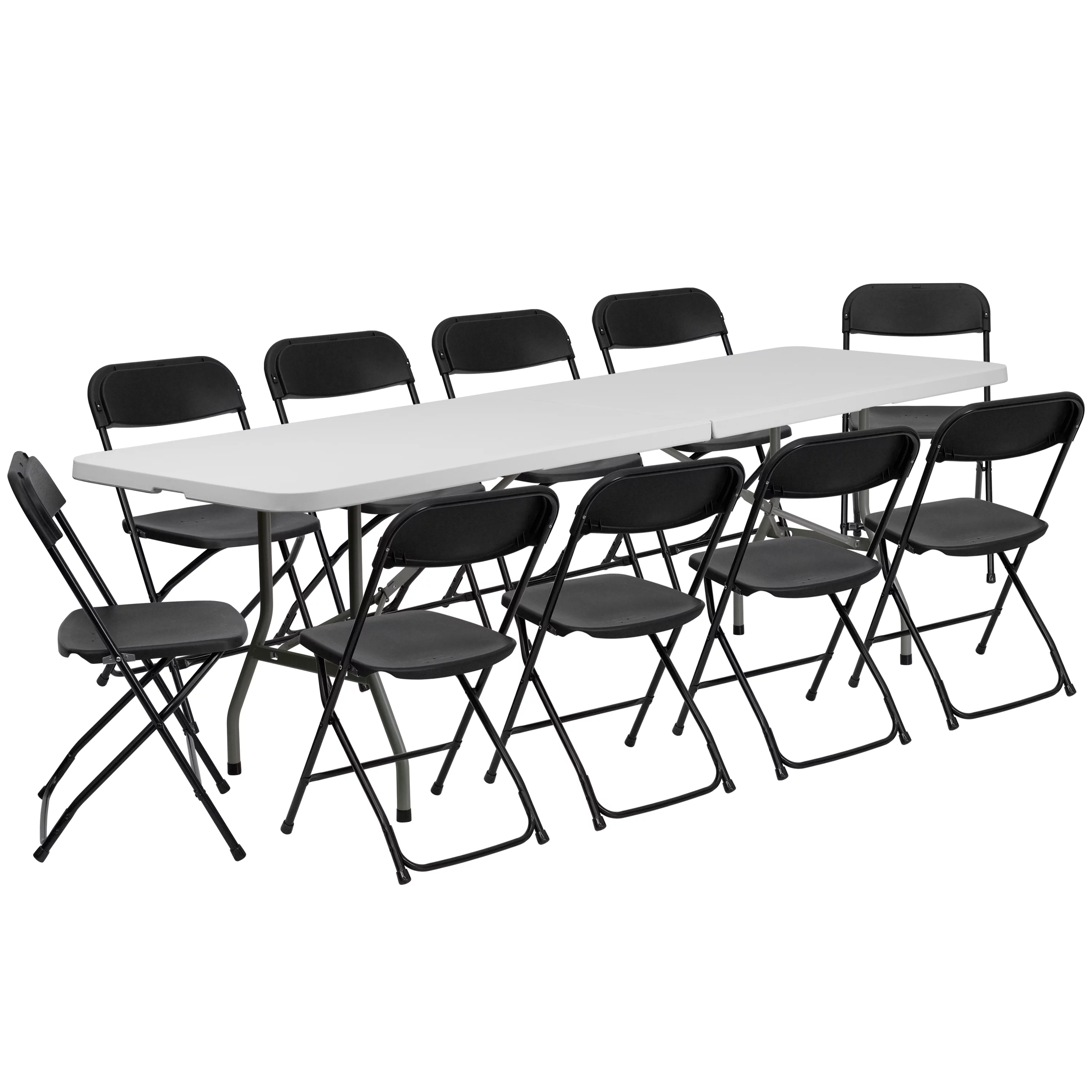 Emma + Oliver 8' Bi-Fold White Plastic Event/Training Folding Table Set w/ 10 Folding Chairs