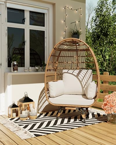 Oversize 360°Swivel Egg Chair Patio Rotating Rattan Egg Basket Lounge Chair, Wicker Egg-Shaped Chair w/Steel Frame Stand and 4 Cushions for Patio