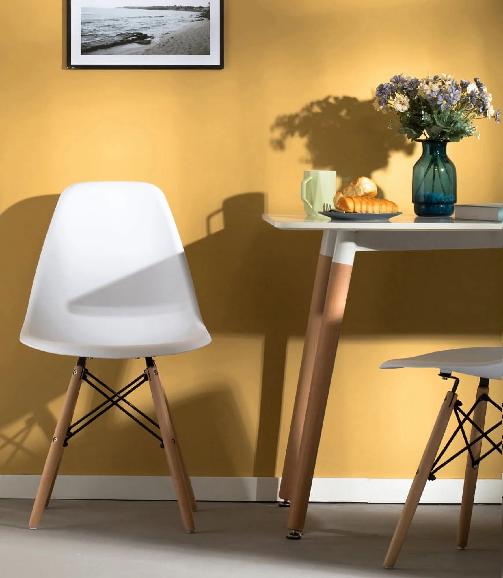 Fabulaxe  32.5 x 18 x 20 in. Mid-Century Modern Style Plastic DSW Shell Dining Chair with Solid Beech Wooden Dowel Eiffel Legs, White