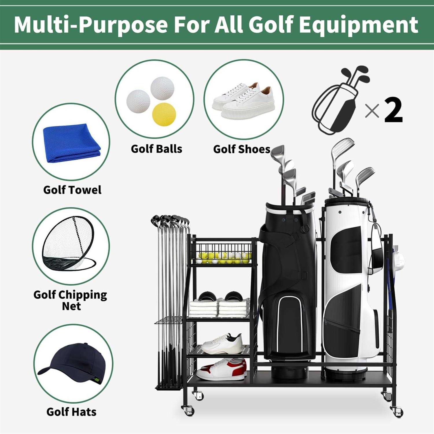 HoneySky Golf Storage Organizer for Garage Double Golf Bag Stand Storage Rack with Lockable Wheels - Sports Supplies Online Store