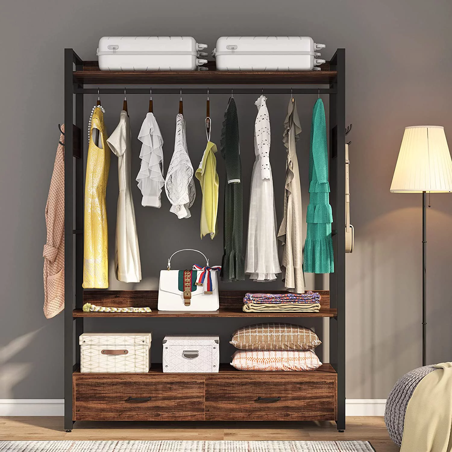 Tribesigns Closet, Heavy Duty Clothes Rack with Shelves Hanging Rod and 2 Drawers for Bedroom, Rustic Brown