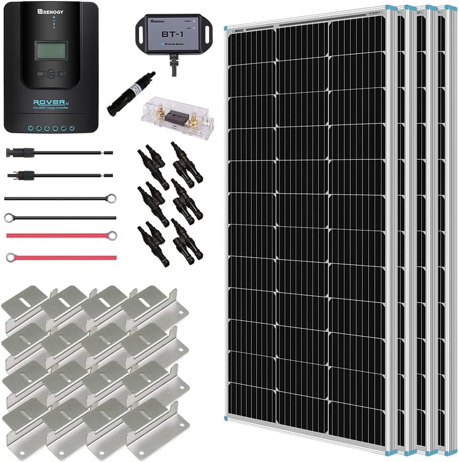 Renogy 400 Watt 12 Volt Premium 4 Pcs 100W Panel+40A MPPT Charge Controller+ Bluetooth Module Fuse+ Mounting Z Brackets+Adaptor Kit +Tray Cables Set