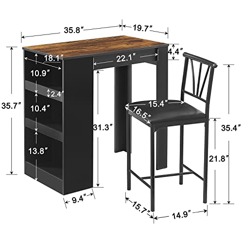 VECELO Small Bar Table and Chairs Tall Kitchen Breakfast Nook with Stools/Dining Set for 2, Storage Shelves, Space-Saving, Gray