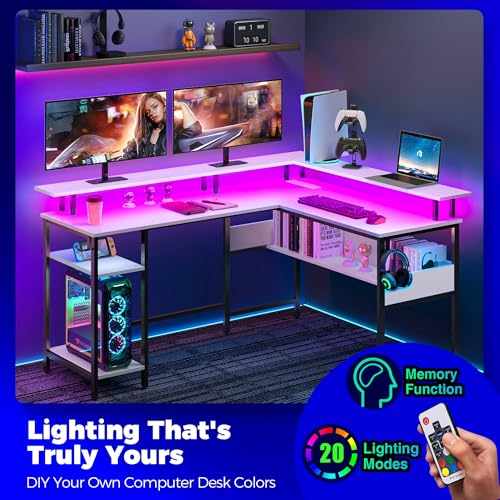Rolanstar Computer Desk 56.7" with LED Lights and Power Outlets, Carbon Fiber Surface, Reversible L Shaped Gaming Desk with Monitor Stand
