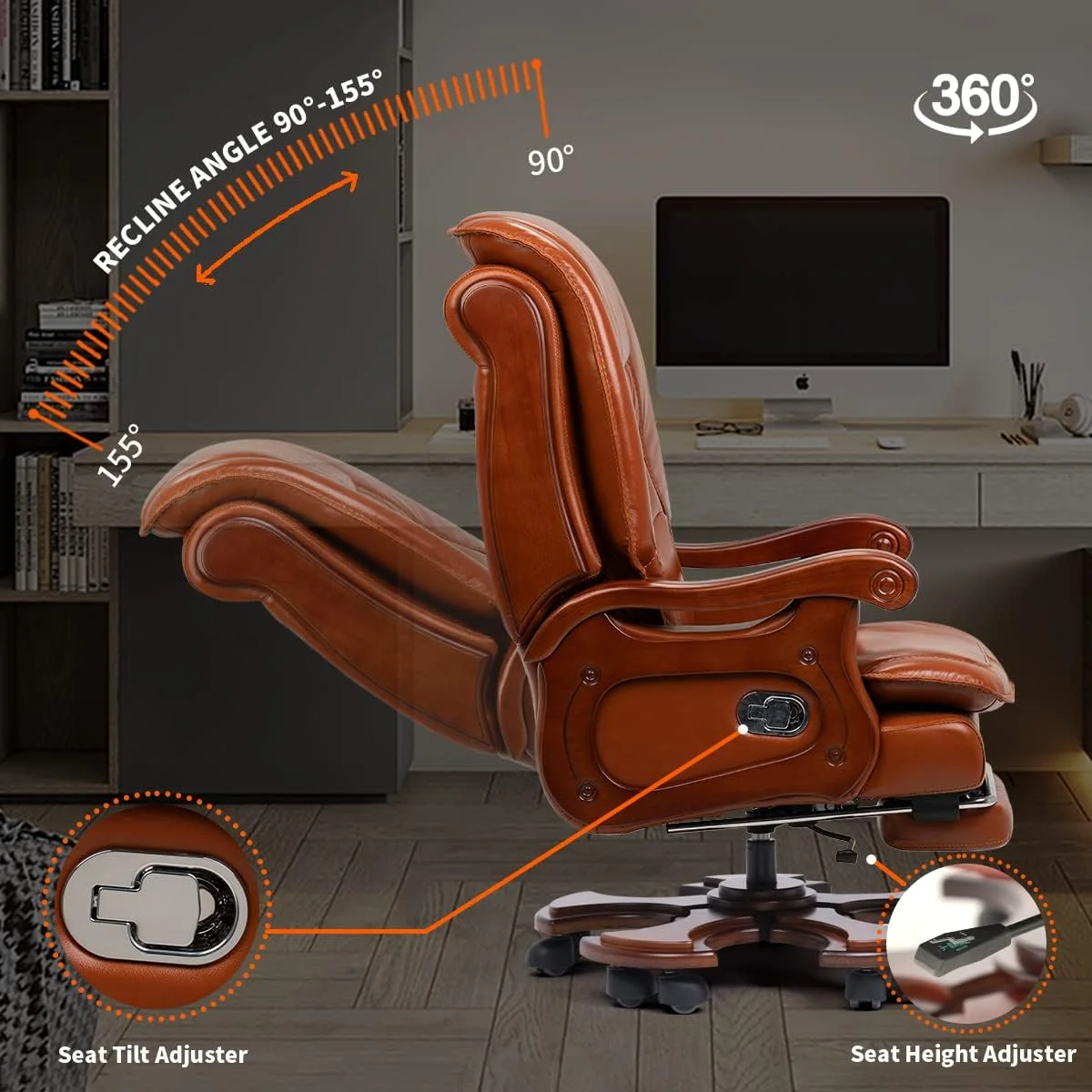 Kinnls Evan Massage Office Chair with Footrest Genuine Leather Vintage Managerial Executive Chair Fully Reclining with Solid Wood Handrail