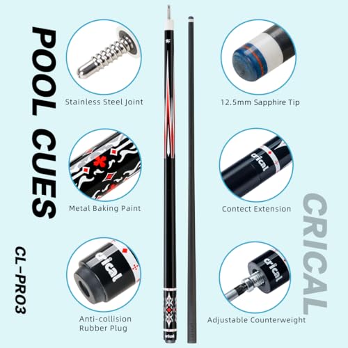 CRICAL Carbon Fiber Pool Cue Stick 58" Billiard Cue Sticks Professional Low Deflection Pool Sticks with 3/8 * 8 Pin Joint and 12.5mm Tip