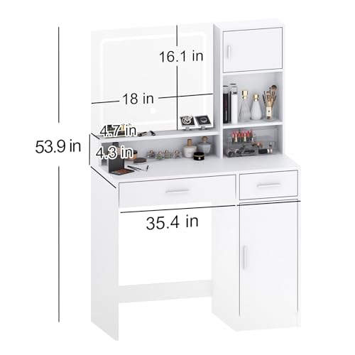 Vanity Desk with Mirror and LED Light Strip,Dressing Table with Large Drawer, 3 Level Storage Dresser & 3 Lighting Modes Adjustable Brightness