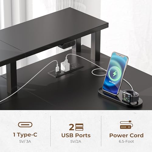 Seventable L Shaped Desk with File Drawers, 64" Home Office Desk with Power Outlet & LED Lights, Reversible Gaming Desk with Printer Storage Shelves