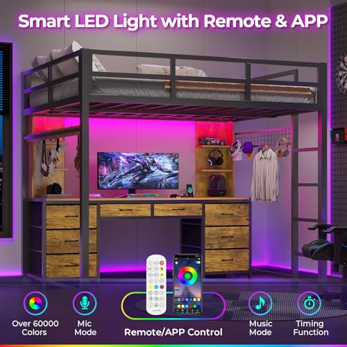 ADORNEVE Full Size Loft Bed with Desk and 8 Storage Drawers, Metal Loft Beds Full with LED Lights & Charging Sation