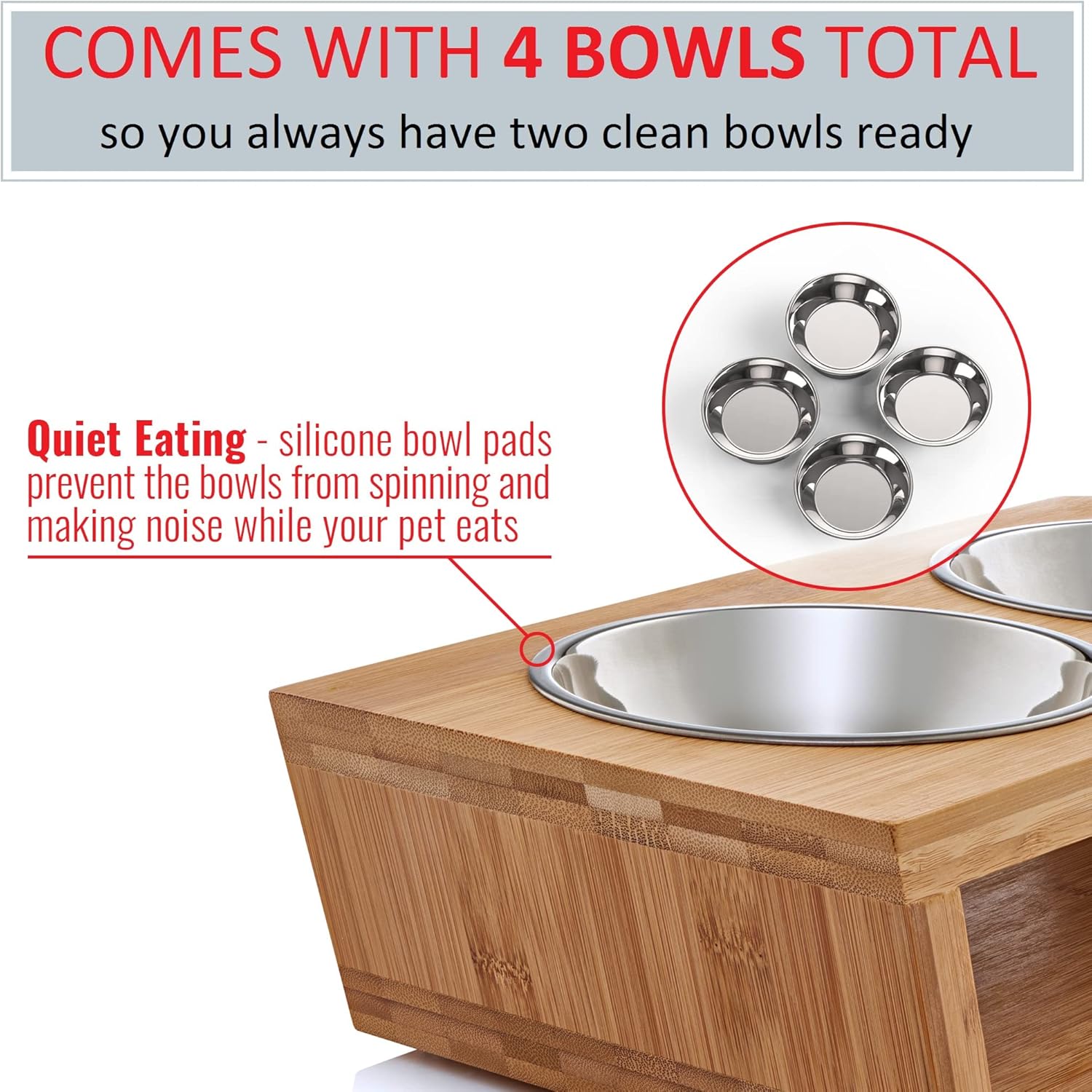 Pawfect Pets Elevated Dog Bowl Stand- 4&rdquo; Raised Dog Bowl for Small Dogs and Cats. Pet Feeder Comes with Four Stainless Steel Bowls