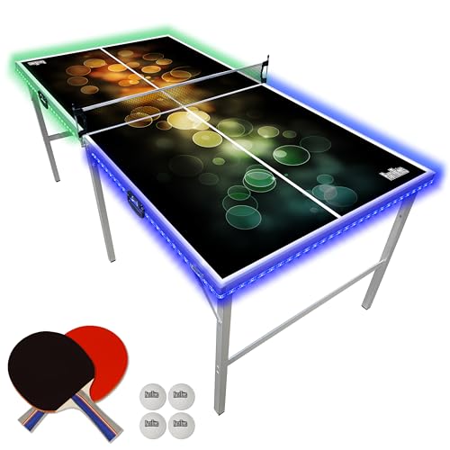 PartyLife 6 ft x 3 ft Ping Pong Table Tennis Table | Mid-Size Portable Folding Indoor Outdoor Ping Pong Table Tennis Table w/Optional LED Lights |
