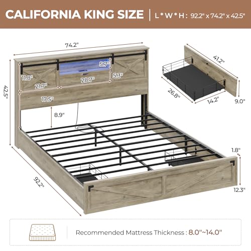 Hasuit Farmhouse Bed Frame California King Size with Storage Bookcase Headboard, Wooden Cal King Bed with LED Lights, Charging Station, 2 Drawers