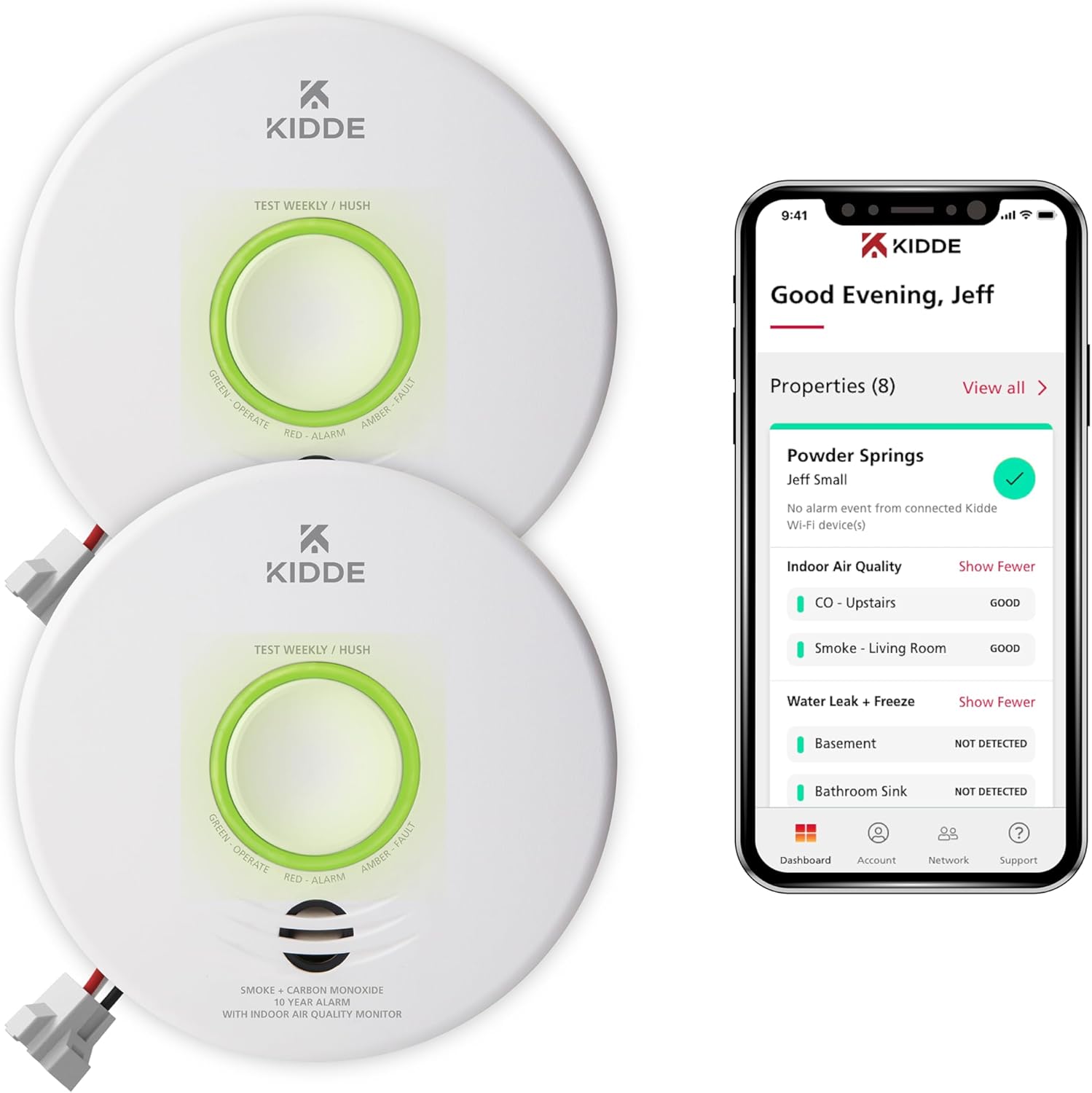 Kidde Smart Smoke & Carbon Monoxide Detector & Indoor Air Quality Monitor, WiFi, Alexa Compatible Device, Hardwired w/Battery Backup