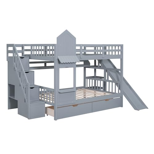 Kids Bunk Bed with Stairs and Slide, Wood Twin Over Twin Bunk Bed with Storage Drawers and Shelves, Castle Style Bunk Beds for Kids Teens Girls Boys