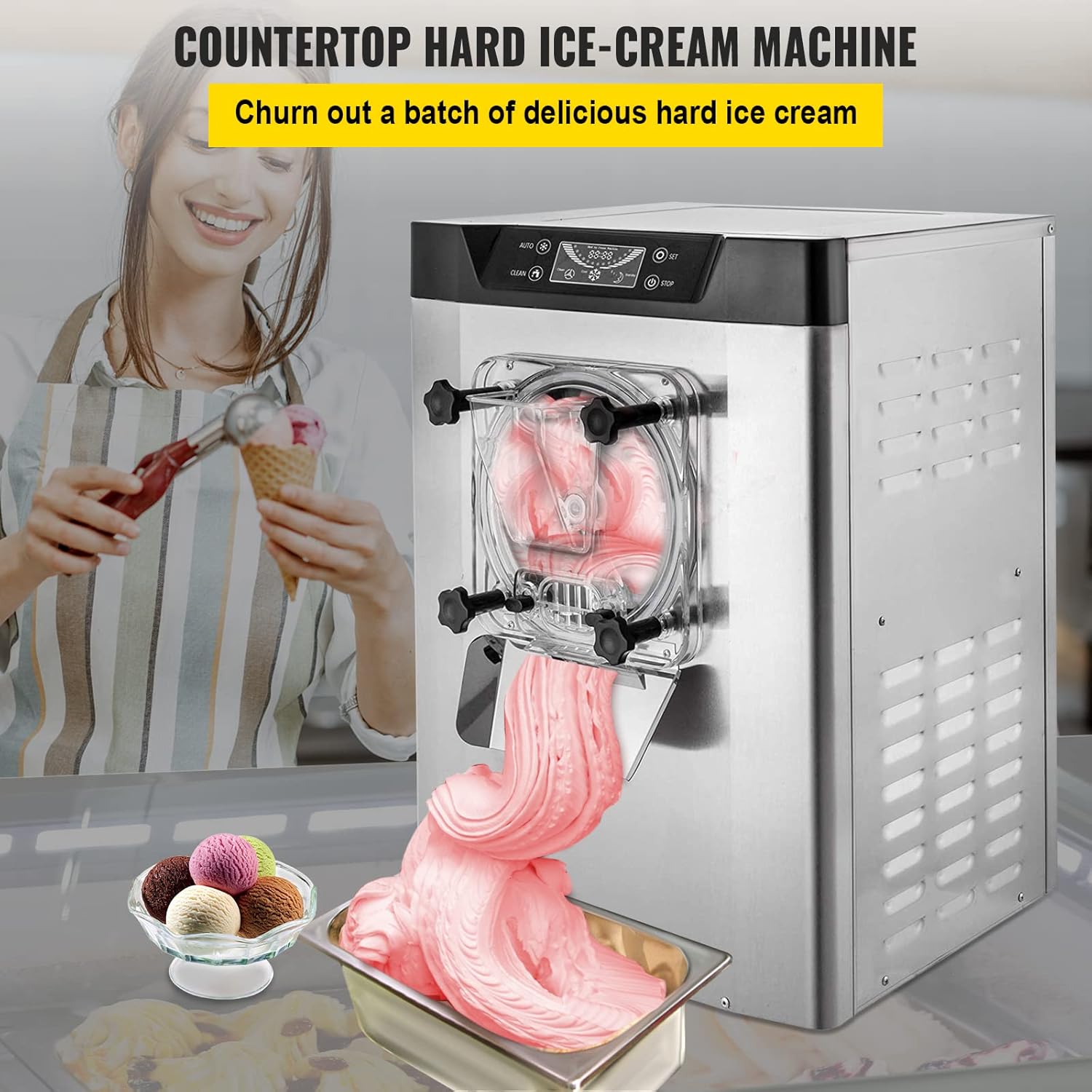 VEVOR Commercial Ice Cream Machine 1400W 20/5.3 Gph Hard Serve Ice Cream Maker with LED Display Screen Auto Shut-Off Timer One Flavors Perfect for