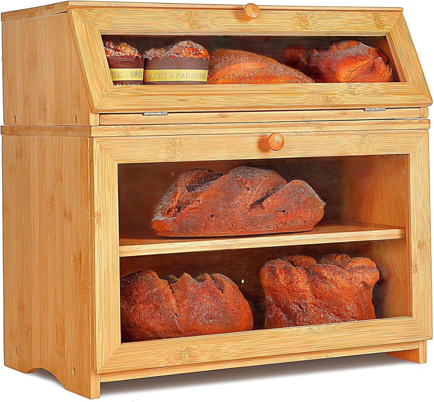 Enjahomx Large 3 Layer Bread Box for Kitchen Countertop - Bamboo Breadbox with Clear Window and Adjustable Shelf