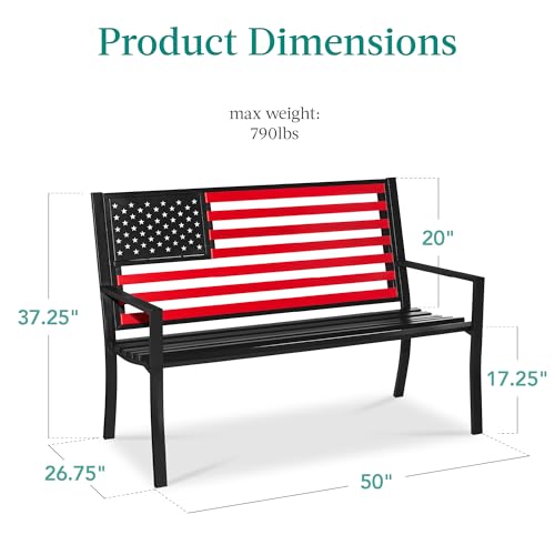 Best Choice Products Outdoor Bench 2-Person Steel Indoor/Outdoor Bench for Garden, Patio, Porch, Entryway w/American Flag, 790lb Capacity – Black