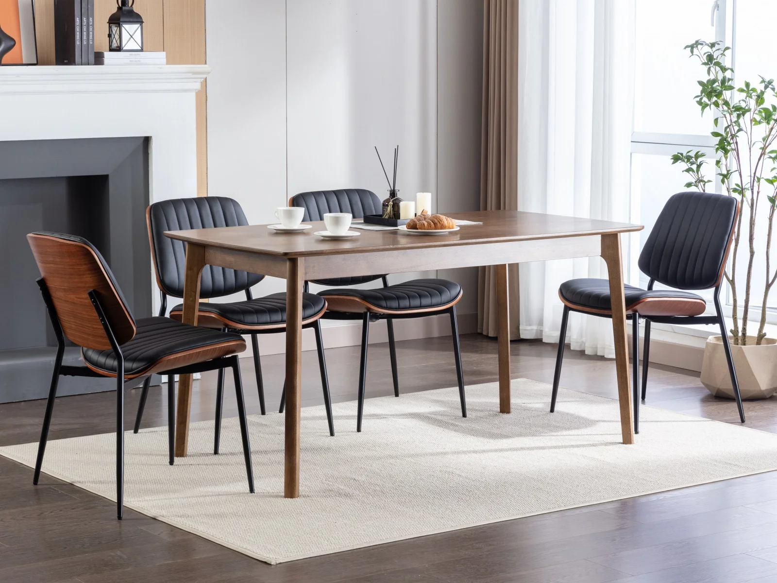 Bedluxury Dining Chairs Set of 2,Mid Century Modern Faux Leather Chair with Walnut Bentwood Back,Upholstered Seat Metal Legs for Kitchen,Living Room