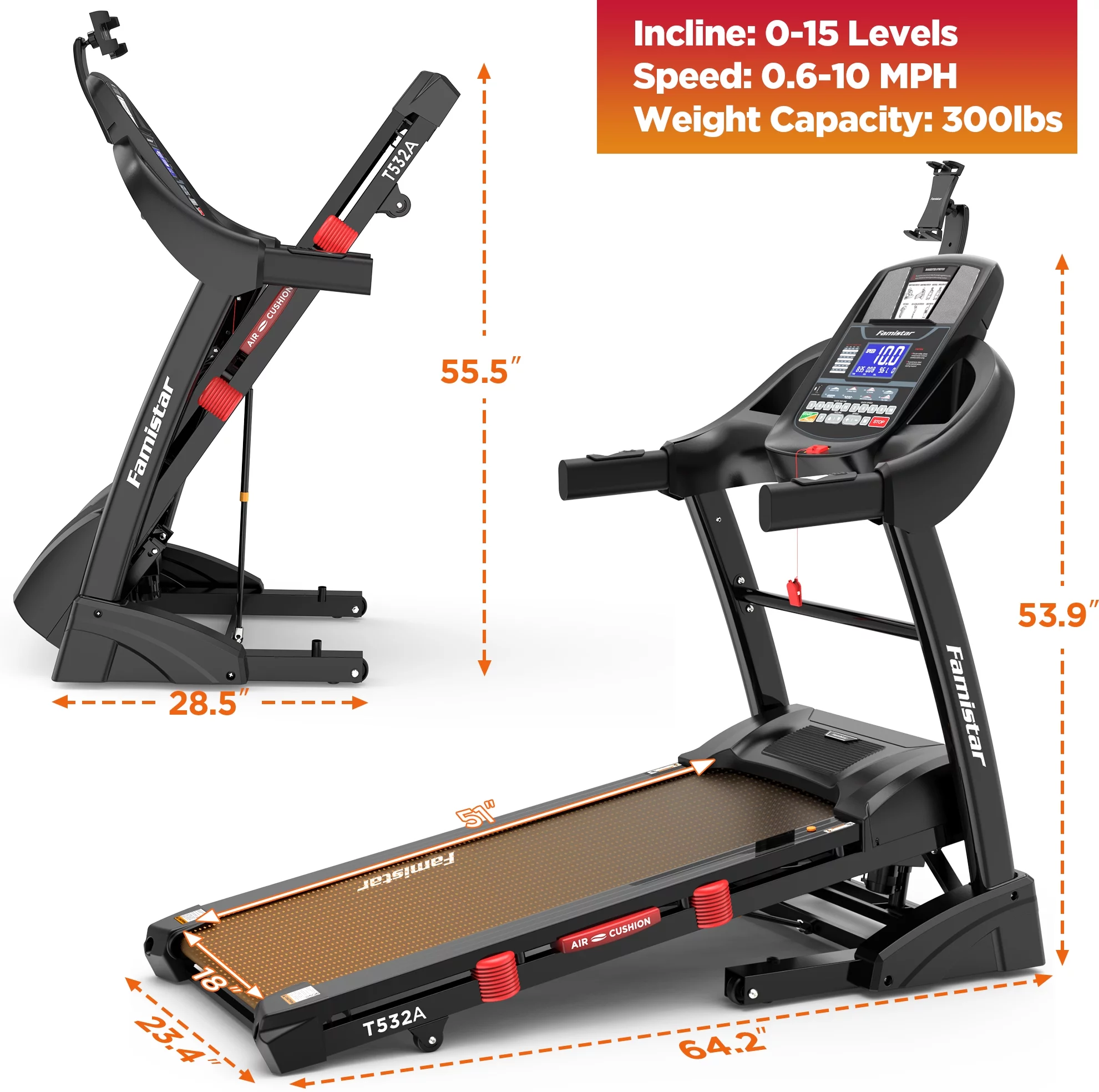 Famistar 4.5HP Portable Folding Treadmill 300 LB Capacity for Home w/ 15-Level Auto Incine, Smart APP Control, HiFi Stereo Bluetooth Speakers