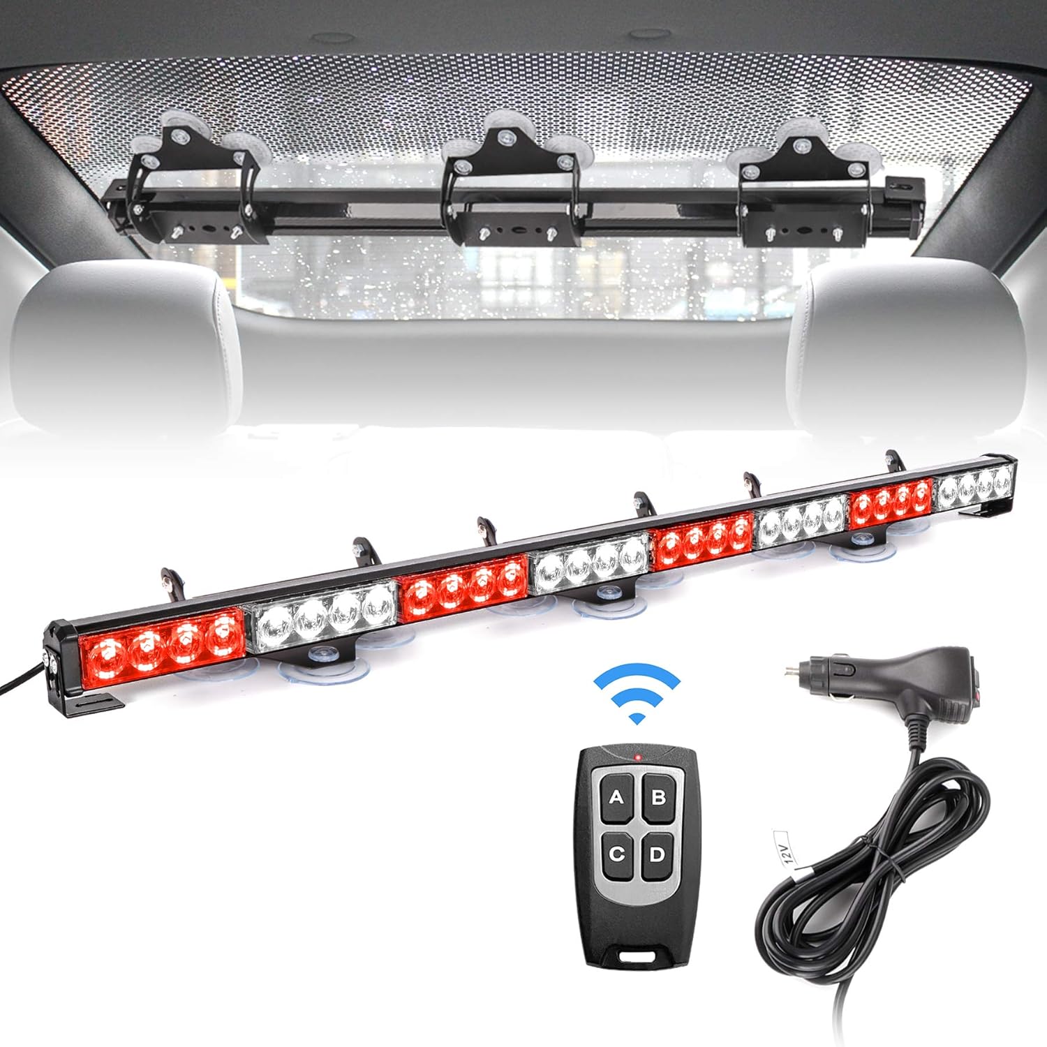 FEELOTAM Amber White Traffic Advisor Emergency Strobe Hazard Warning Light Windshield Safety Lights Bar 35.5 inch 8 Panels for Vehicles with Wireless