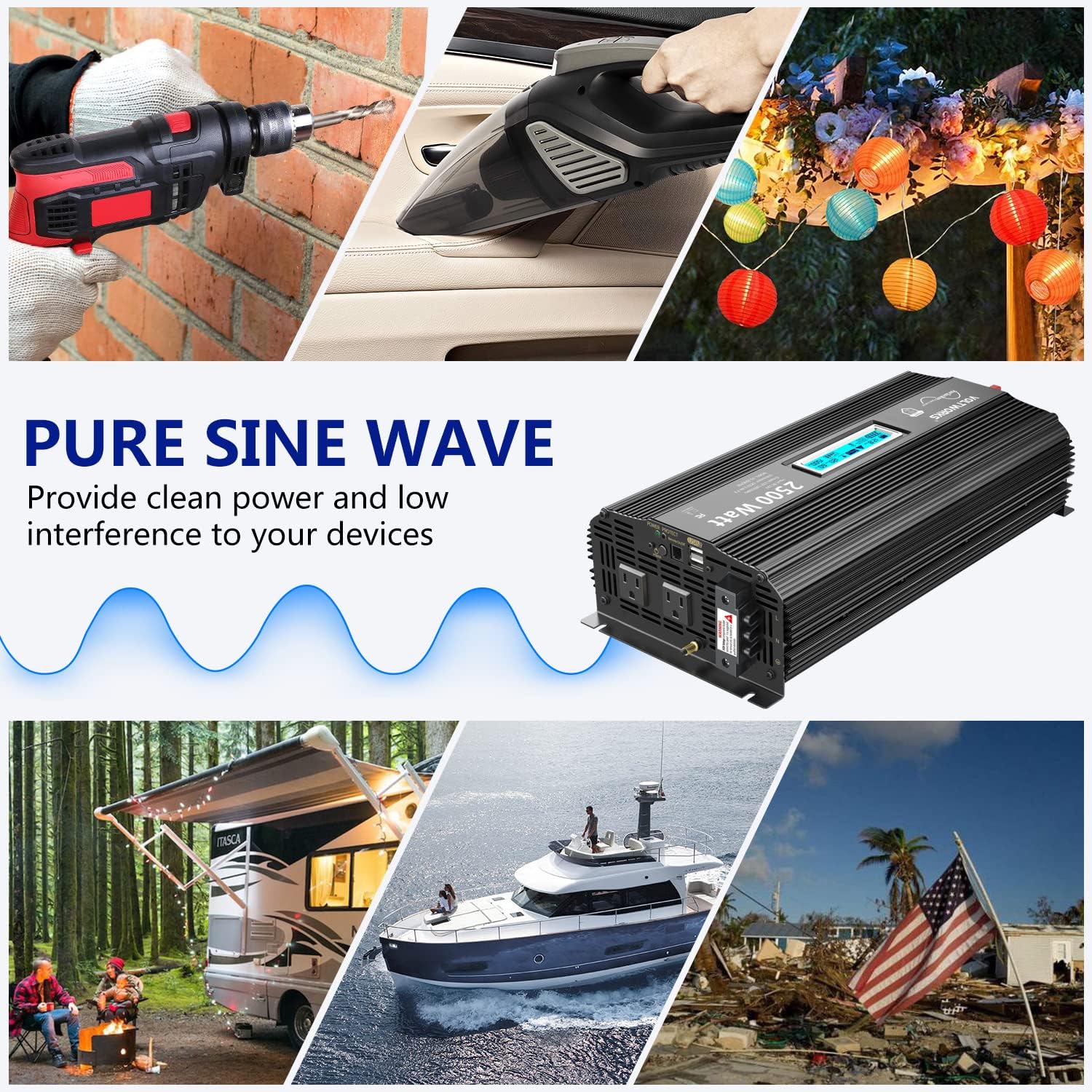 Pure Sine Wave 2500 Watt Car Power Inverter 2500w Converter DC 12V to 110V-120V AC with LCD Display 2 AC Outlets 2x2.4A USB Ports 1 AC Terminal Block