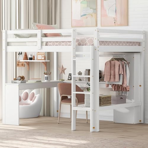 Full Size Loft Bed with L-Shaped Desk, Wardrobe and Storage Shelves, Solid Wood Bedframe w/Safety Guardrails & Ladder for Kids Teens Adults