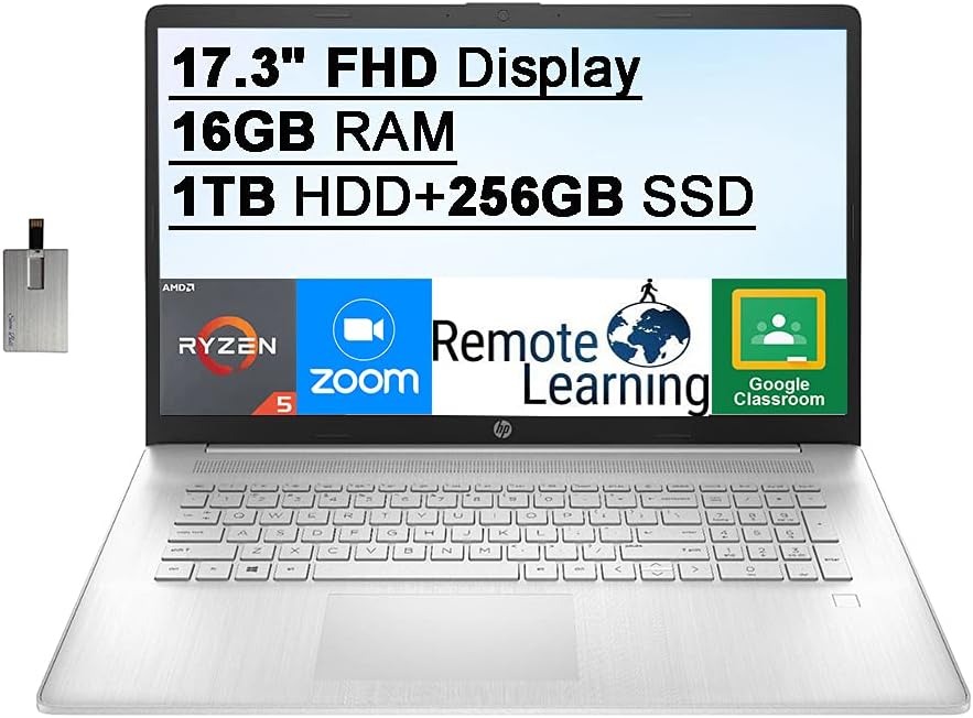 HP 17.3In FHD IPS Laptop Computer, AMD Ryzen 5-5500U Processor(> i7-1065G7), Radeon Graphics, HD Audio, Webcam, FingerPrint, Win 10S, Silver