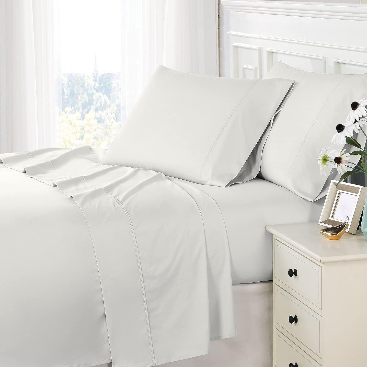Pizuna 800 Thread Count Cotton California-King-Sheet-Set White, 100% Long-Staple-Cotton Smooth Sateen Sheets