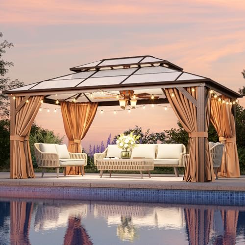 Aoxun 12'x16' Hardtop Gazebo, Aluminum Frame Permanent Pavilion with Netting and Curtains, Outdoor Polycarbonate Double Roof Canopy