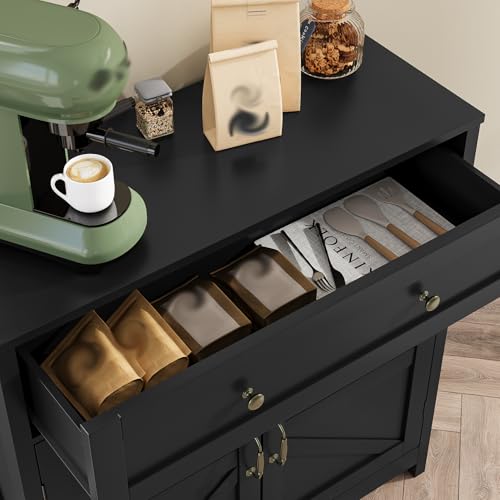 Farmhouse Storage Cabinet with 2 Doors, White Kitchen Cabinet with Walnut Countertop, Freestanding Floor Storage Cabinets Hutch Cupboard