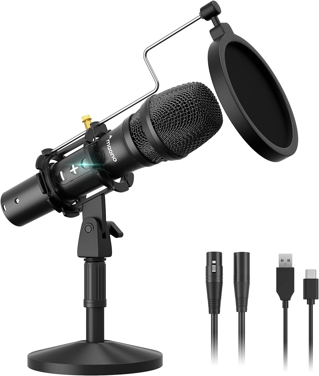 USB/XLR Instrument Dynamic Microphone, MAONO Metal Professional Zero-Latency Monitoring Vocal Mic with Volume Control, Shock Mount and Pop Filter