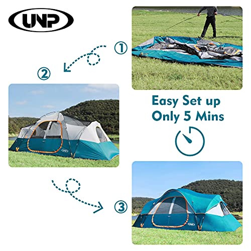 UNP Camping Tent 10-Person-Family Tents, Parties, Music Festival Tent, Big, Easy Up, 5 Large Mesh Windows, Double Layer, 2 Room, Waterproof