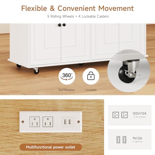 58" Mobile Kitchen Island, Kitchen Island Cart with Power Outlet, Island Table for Kitchen, Home Bar Carts with Storage