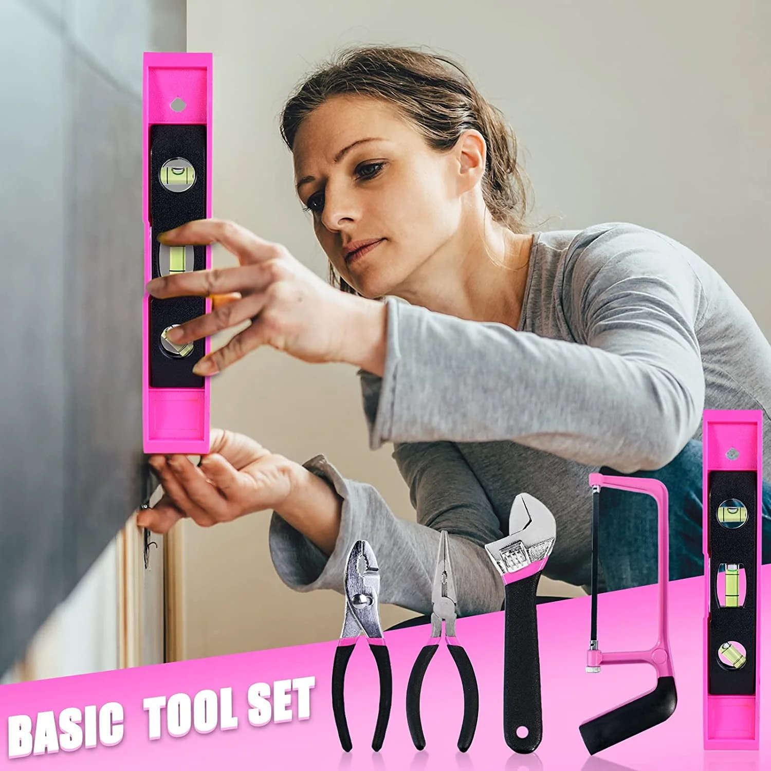 ThinkLearn Pink Tool Kit with 20V Cordless Drill(265in-lbs), Pink Drill Set for Women,Lady's Home Tool Kit for DIY
