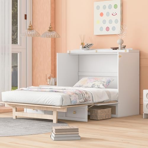 Queen Size Murphy Bed Wall Bed, Solid Pine Murphy Bed Chest Cube Cabinet Bed with USB, Charging Station