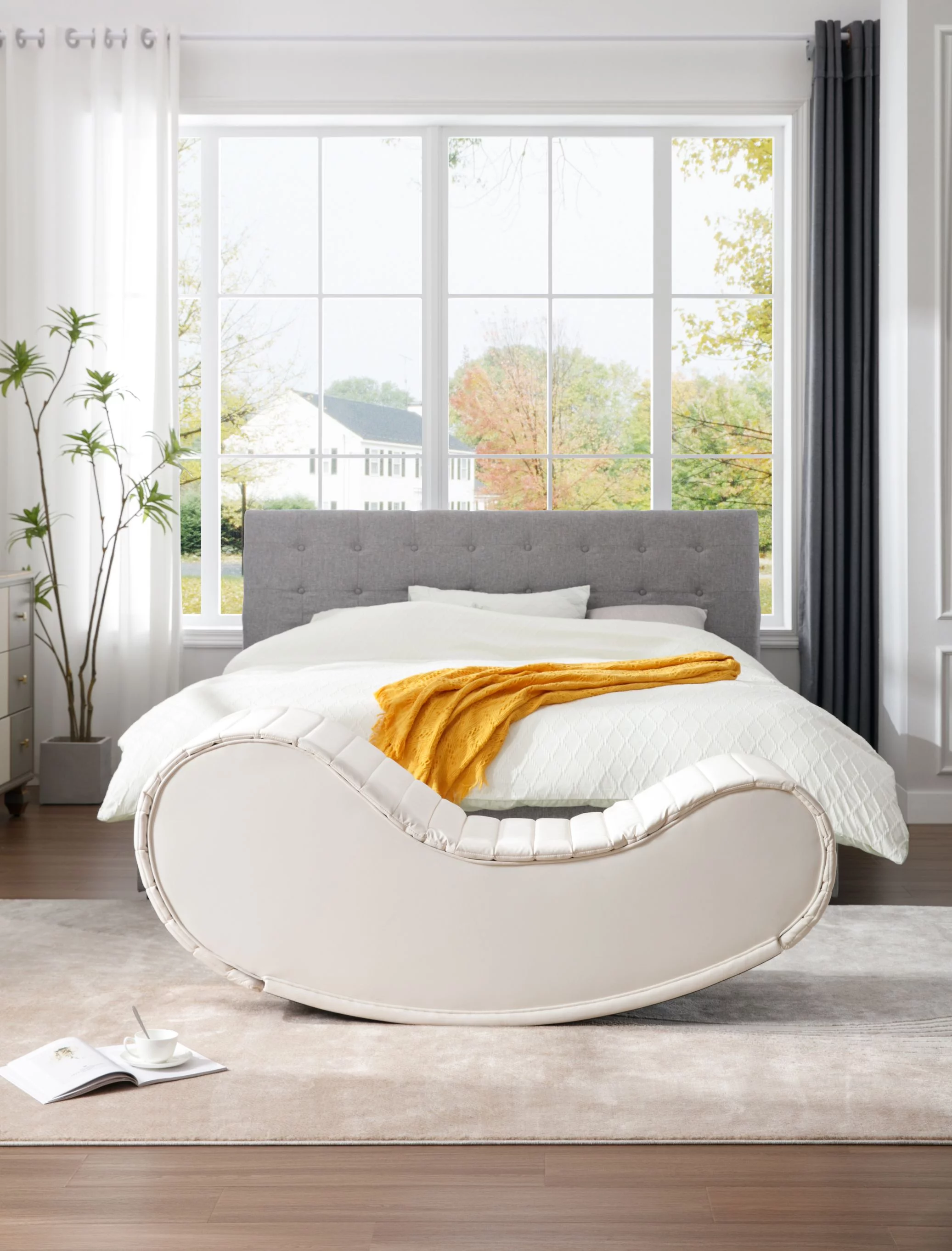 CoSoTower Rocking Leisure Bench,Relax Yoga Chaise, Modern Faux Leather Curved Sofa, Upholstered Yoga Chaise for Living Room Bed Room