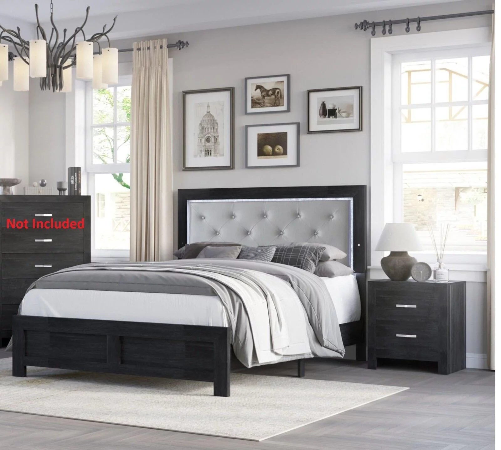 Modern 3pc Queen Size PU Upholstered LED Headboard Bed and Storage Nightstands Set Wooden Bedroom Furniture Black Finish