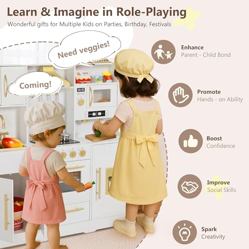 Kinder King Wooden Kids Play Kitchen, Toy Kitchen Playset for Toddler, Play Kitchen Set w/Real Sounds, Pretend Coffee Machine, Kitchen Hood, Sink