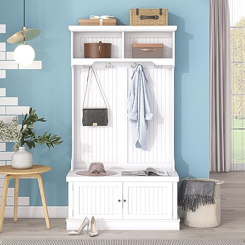 Modern Classic Hall Tree 4-in-1 Design Coat Racks Multi-Functional Entryway Coat Rack with Storage Shoe Bench Tall Hall Tree with 4 Hooks for