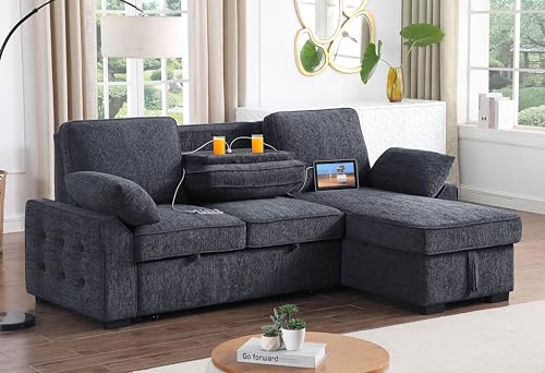 L-Shaped Pull Out Sleep Sofabed,Modern Reversible Sleeper Sectional Sofa Chenille Upholstered Button Tufted Decor with Storage Chaise