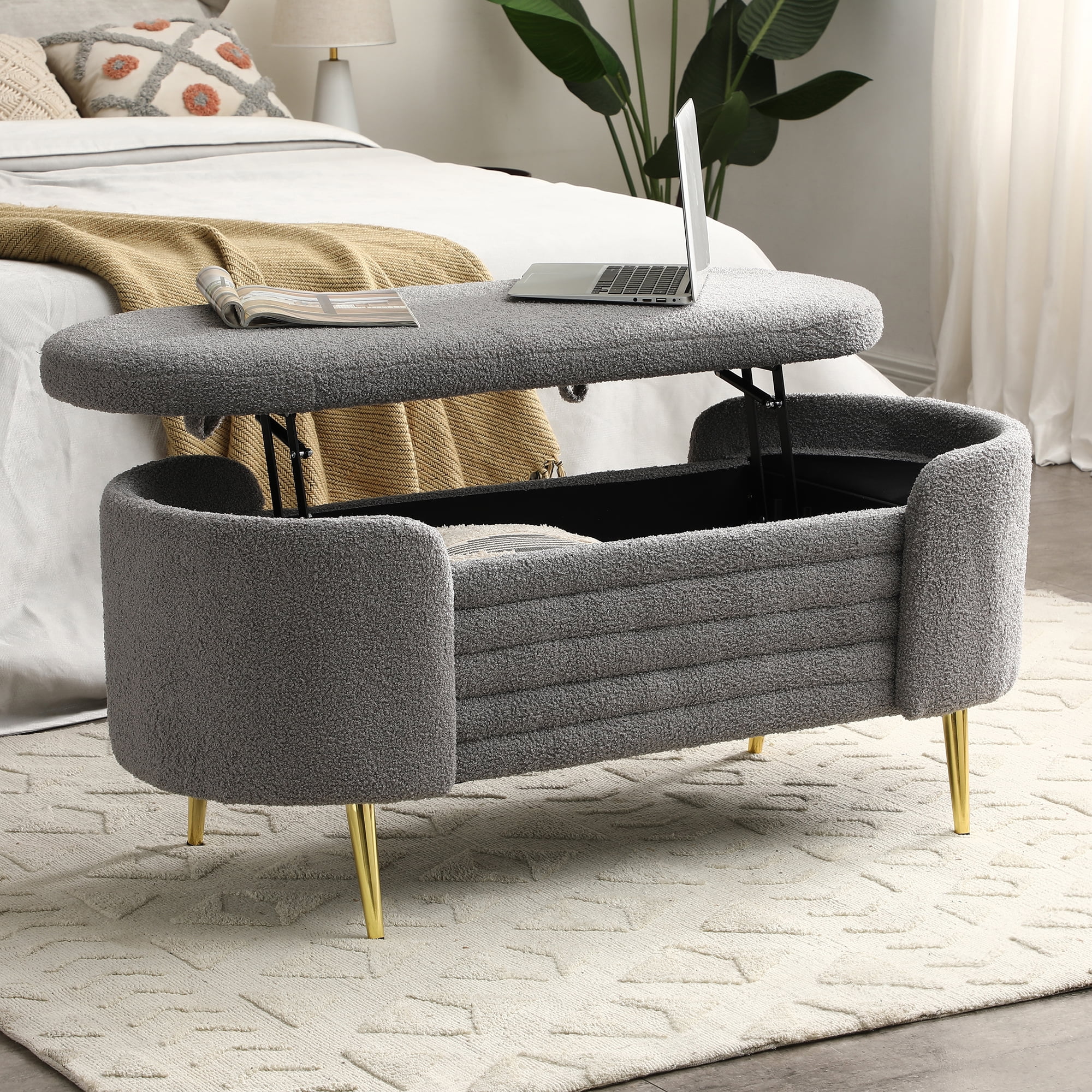 Holaki Modern End of Bed Bench with Storage Upholstered Sherpa Fabric Large Storage Bench Ottoman Shoe Stool Long Bench Window Sitting Toy Storage