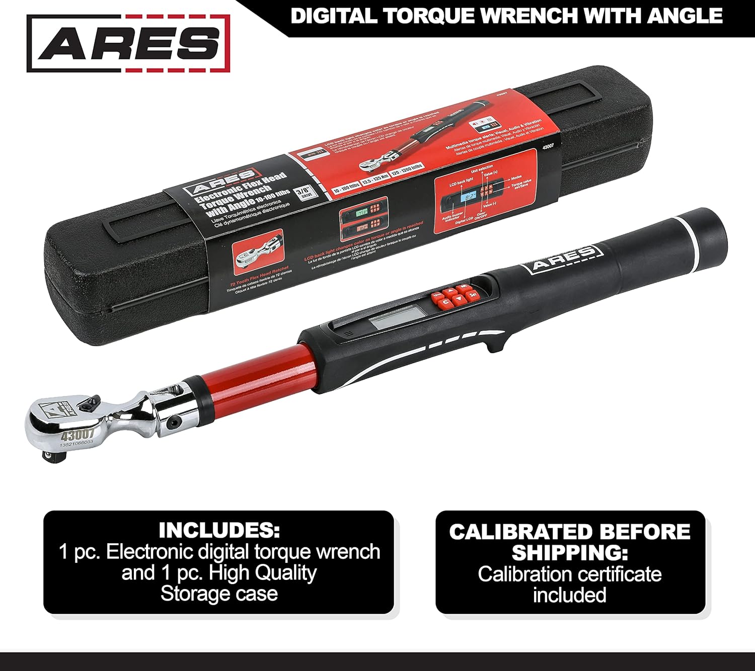 ARES 43007 - 3/8-Inch Drive Flex Head Electronic Digital Torque and Torque Angle Wrench - 10-100 ft/lbs (13.5-135Nm) - +/- 2% Accuracy