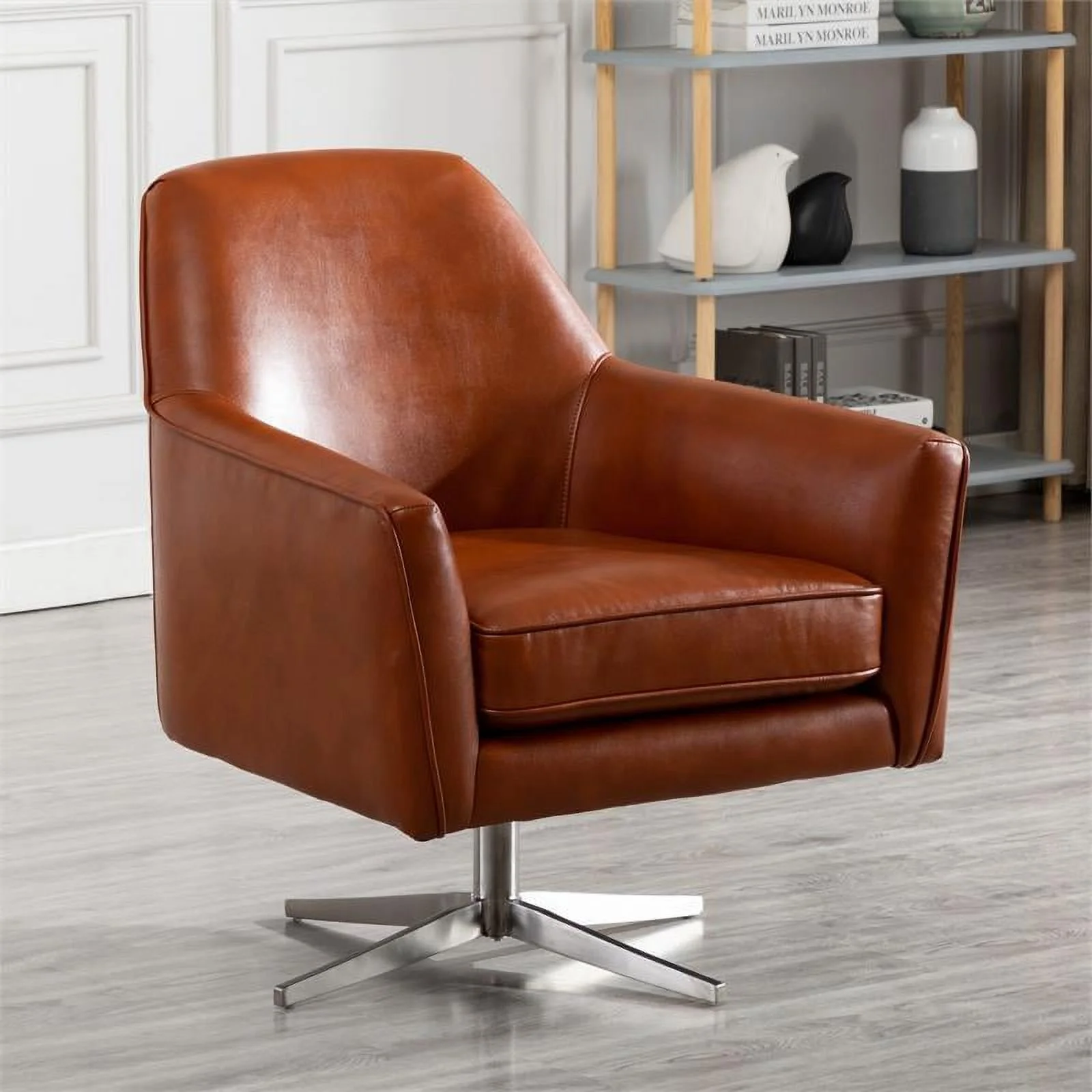 Bowery Hill Mid-Century Faux Leather Swivel Armchair in Caramel Brown